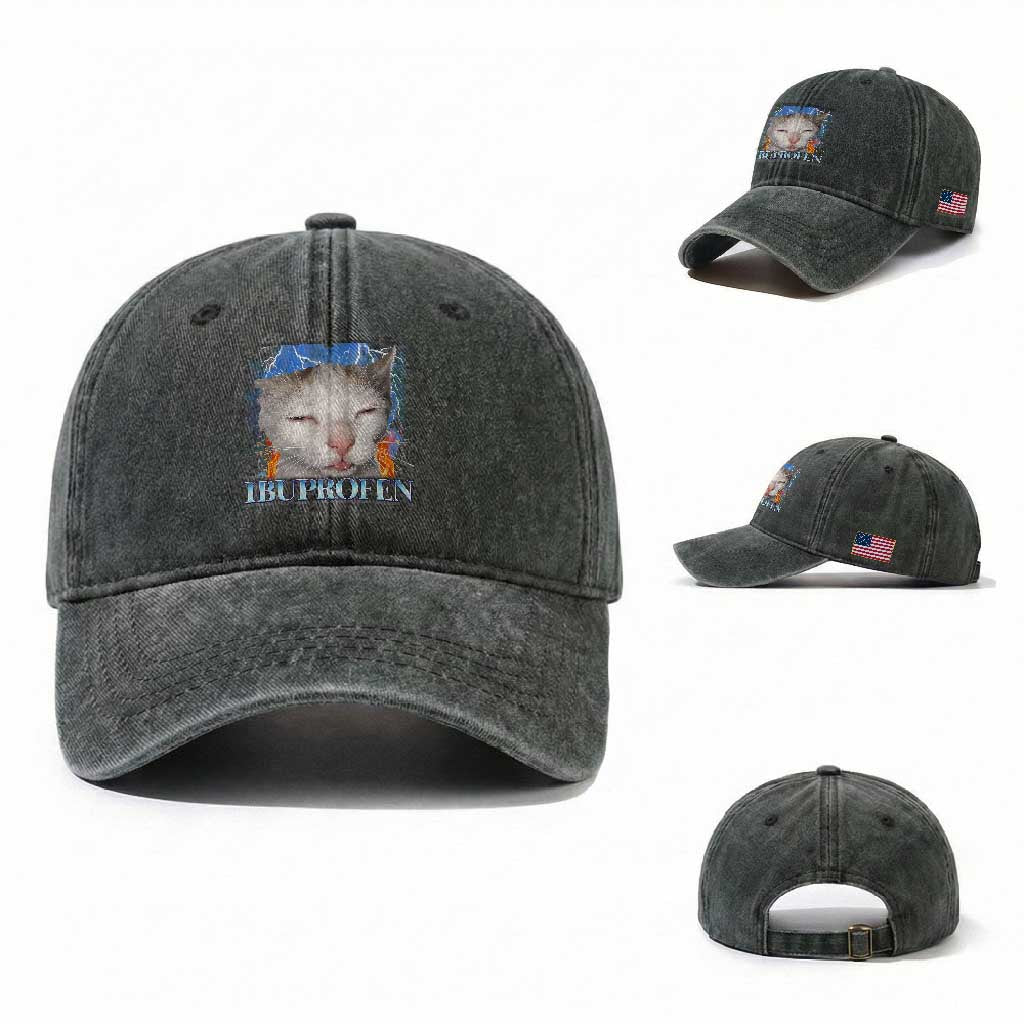 Funny Cat Meme Washed Cotton Baseball Cap Ibuprofen Silly Kitten TS14 Washed Cap Universal Fit Dark Green Print Your Wear