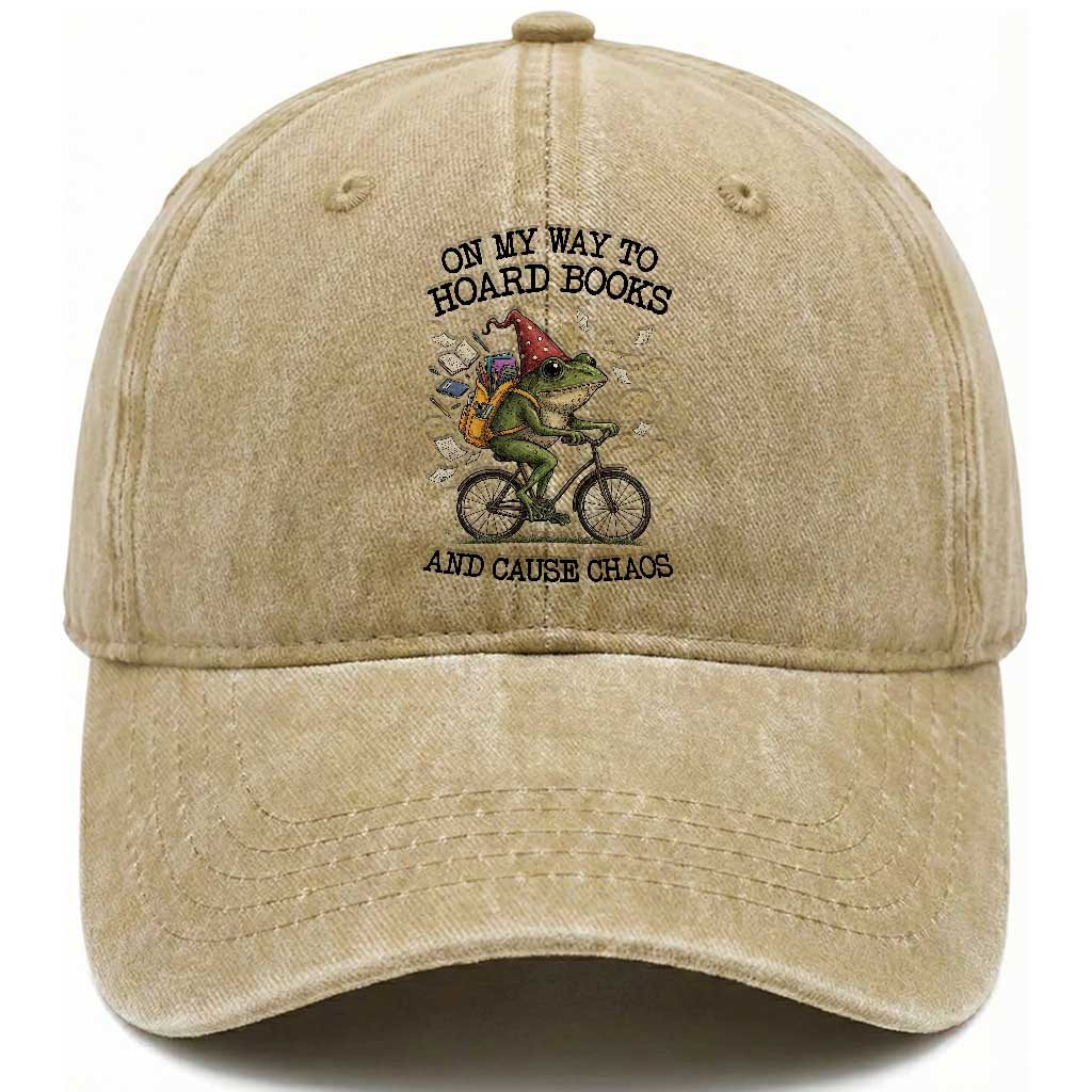 Funny Frog Meme Washed Cotton Baseball Cap On My Way to Hoard Books and Cause Chaos TS14 Washed Cap Universal Fit Khaki Print Your Wear