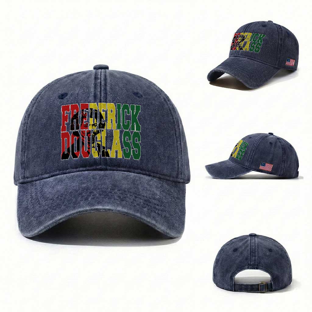Frederick Douglass Washed Cotton Baseball Cap Pan African Flag Black History Month TS14 Washed Cap Universal Fit Navy Print Your Wear