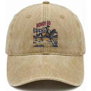 Howdy Go Lucky Washed Cotton Baseball Cap Funny Cowboy St Patrick's Day TS14 Washed Cap Universal Fit Khaki Print Your Wear
