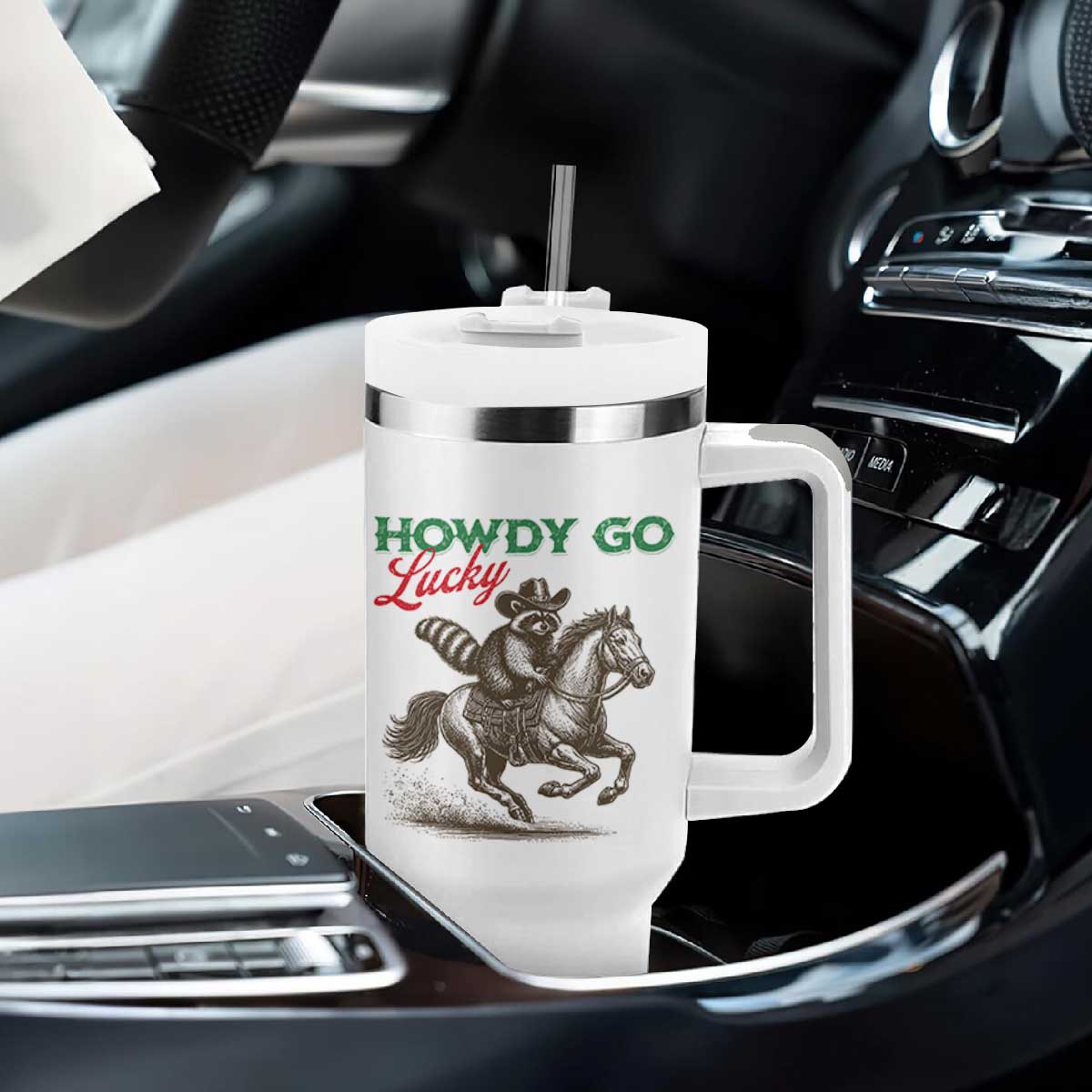 Howdy Go Lucky Tumbler With Handle Cowboy Raccoon St Patrick's Day TS14 Print Your Wear