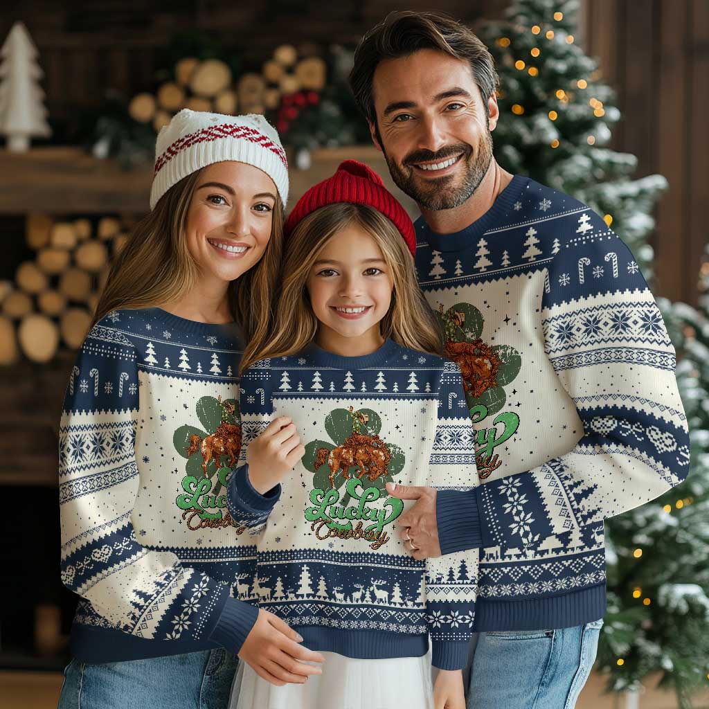 Lucky Cowboy Western Ugly Christmas Sweater Funny St Patrick's Day TS14 Beige Navy Print Your Wear