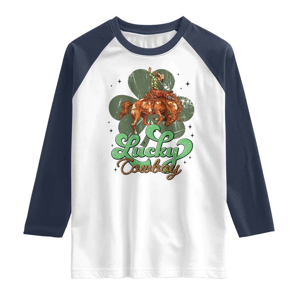 Lucky Cowboy Western Raglan Shirt Funny St Patrick's Day TS14 White Navy Print Your Wear