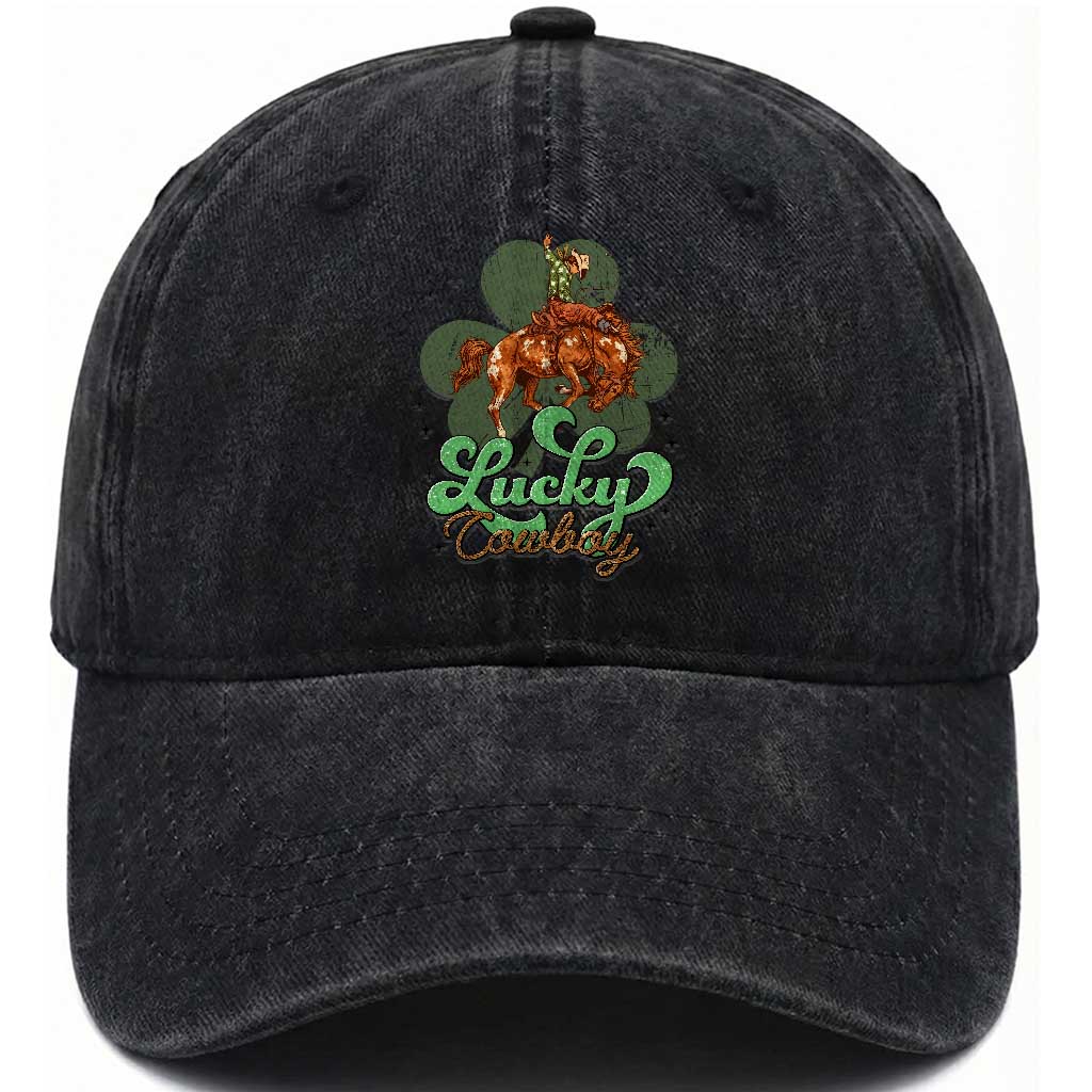 Lucky Cowboy Western Washed Cotton Baseball Cap Funny St Patrick's Day TS14 Washed Cap Universal Fit Black Print Your Wear