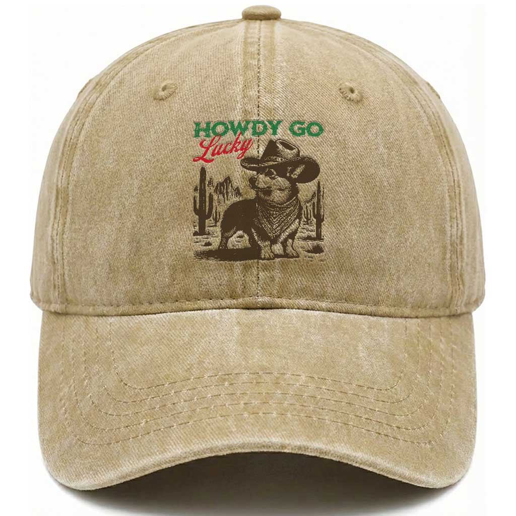 Howdy Go Lucky Washed Cotton Baseball Cap Funny Corgi St Patrick's Day TS14 Washed Cap Universal Fit Khaki Print Your Wear