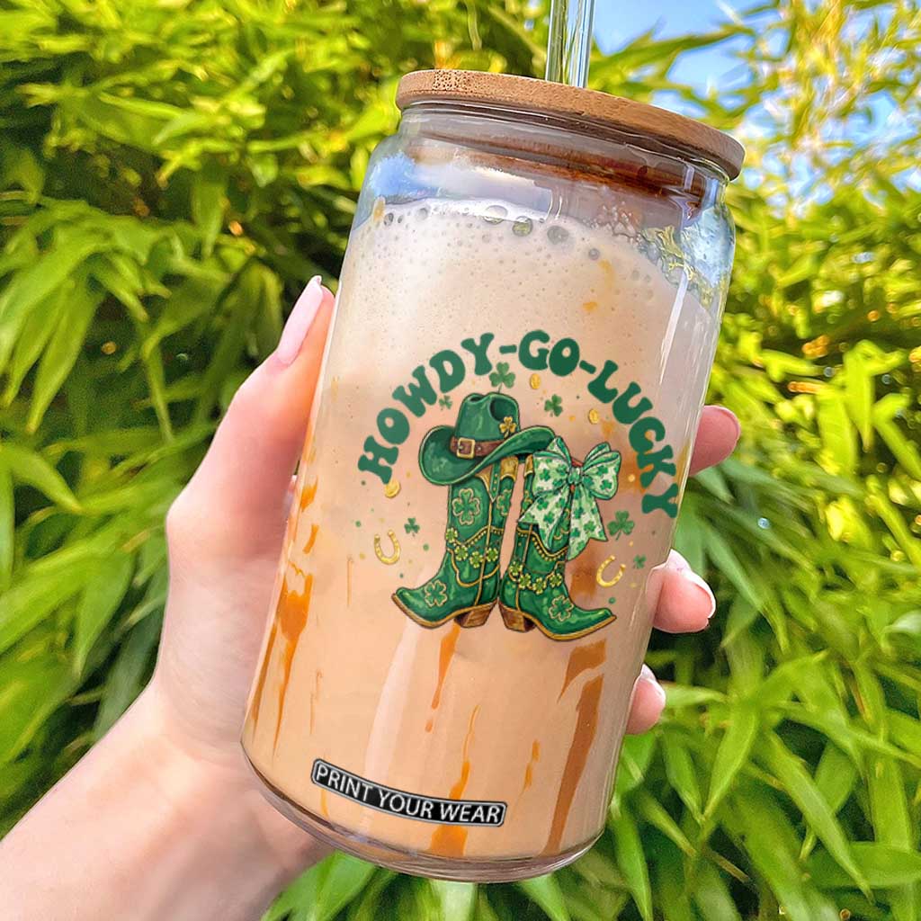 Howdy Go Lucky Glass Can Green Cowboy Boots St Patrick's Day TS14 White Print Your Wear