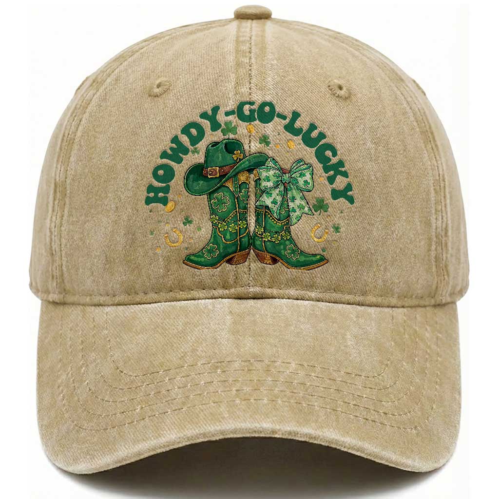 Howdy Go Lucky Washed Cotton Baseball Cap Green Cowboy Boots St Patrick's Day TS14 Washed Cap Universal Fit Khaki Print Your Wear