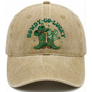 Howdy Go Lucky Washed Cotton Baseball Cap Green Cowboy Boots St Patrick's Day TS14 Washed Cap Universal Fit Khaki Print Your Wear