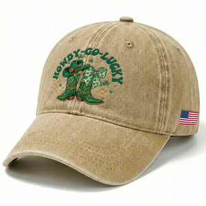 Howdy Go Lucky Washed Cotton Baseball Cap Green Cowboy Boots St Patrick's Day TS14 Print Your Wear