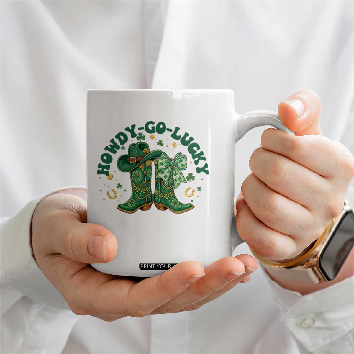 Howdy Go Lucky Coffee Mug Green Cowboy Boots St Patrick's Day TS14 Print Your Wear