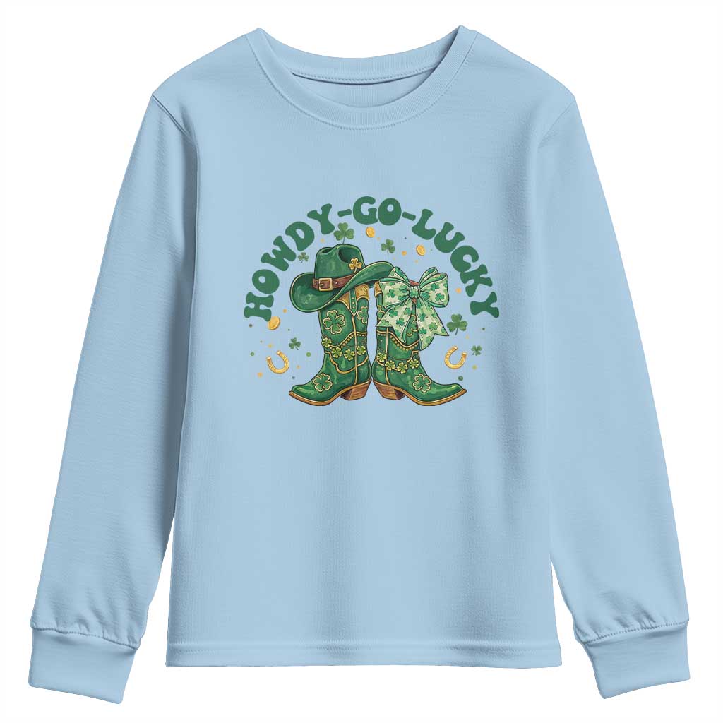 Howdy Go Lucky Youth Sweatshirt Green Cowboy Boots St Patrick's Day TS14 Light Blue Print Your Wear
