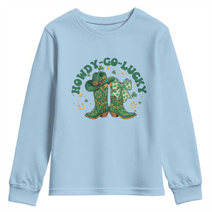 Howdy Go Lucky Youth Sweatshirt Green Cowboy Boots St Patrick's Day TS14 Light Blue Print Your Wear