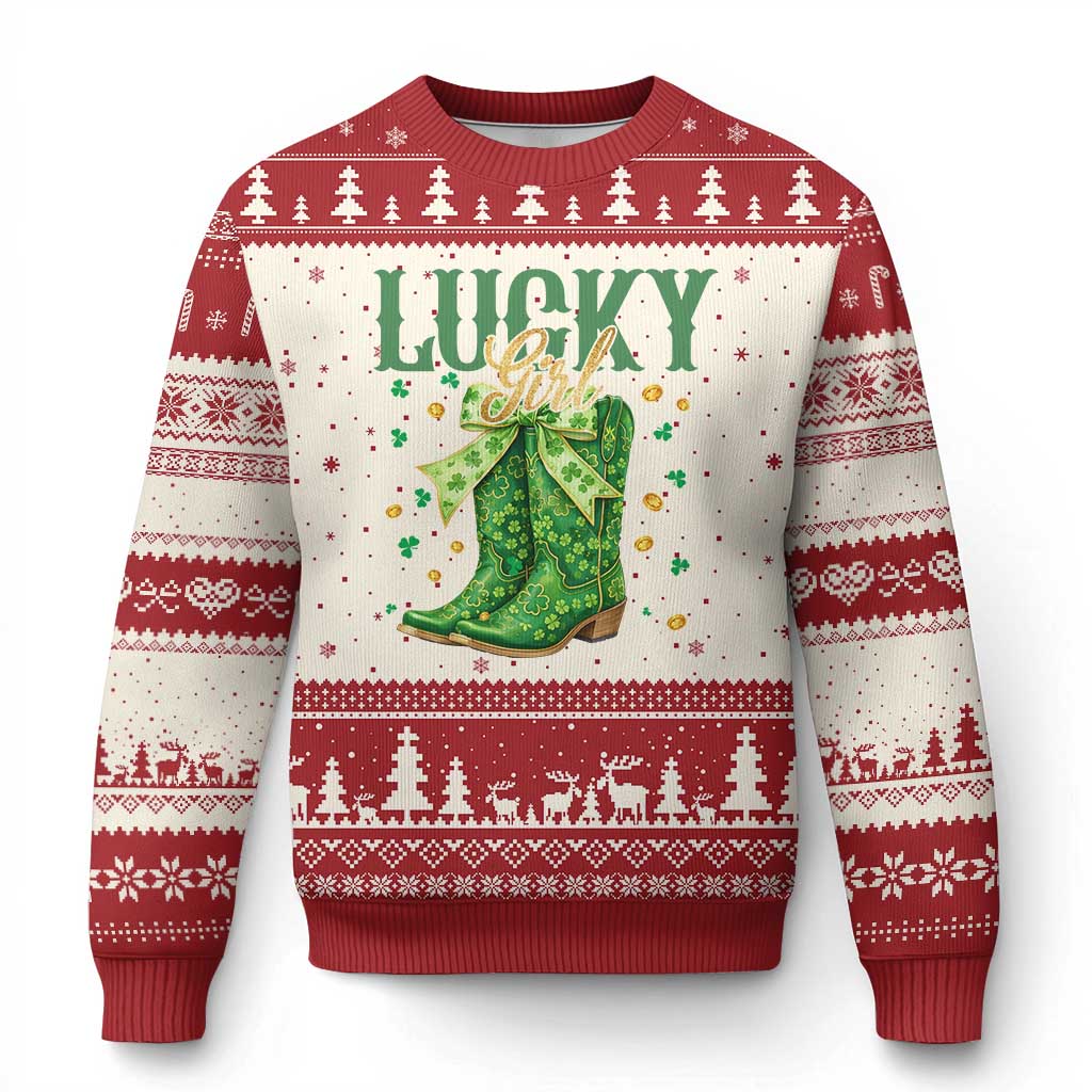 Cowboy St Patrick's Day Ugly Christmas Sweater Lucky Girl Boots TS14 Beige Red Print Your Wear