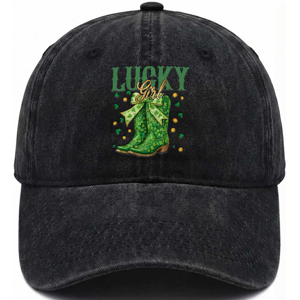 Cowboy St Patrick's Day Washed Cotton Baseball Cap Lucky Girl Boots TS14 Washed Cap Universal Fit Black Print Your Wear