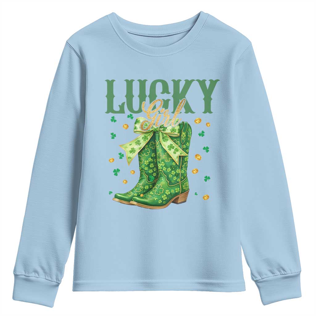 Cowboy St Patrick's Day Youth Sweatshirt Lucky Girl Boots TS14 Light Blue Print Your Wear