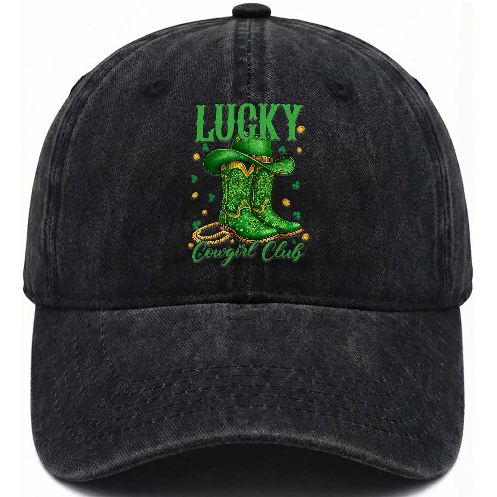 Lucky Cowgirl Club Washed Cotton Baseball Cap Western Irish Cowboy St Patrick Day TS14 Washed Cap Universal Fit Black Print Your Wear