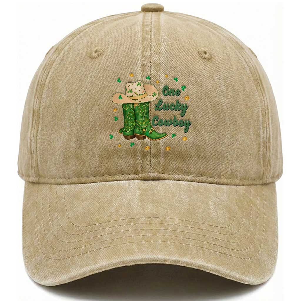 One Lucky Cowboy Washed Cotton Baseball Cap Western Irish Cowboy St Patrick Day TS14 Washed Cap Universal Fit Khaki Print Your Wear