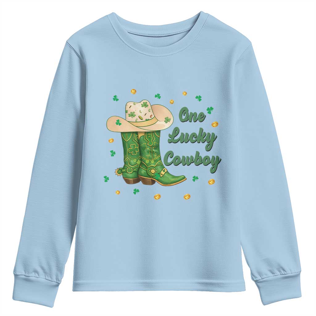 One Lucky Cowboy Youth Sweatshirt Western Irish Cowboy St Patrick Day TS14 Light Blue Print Your Wear