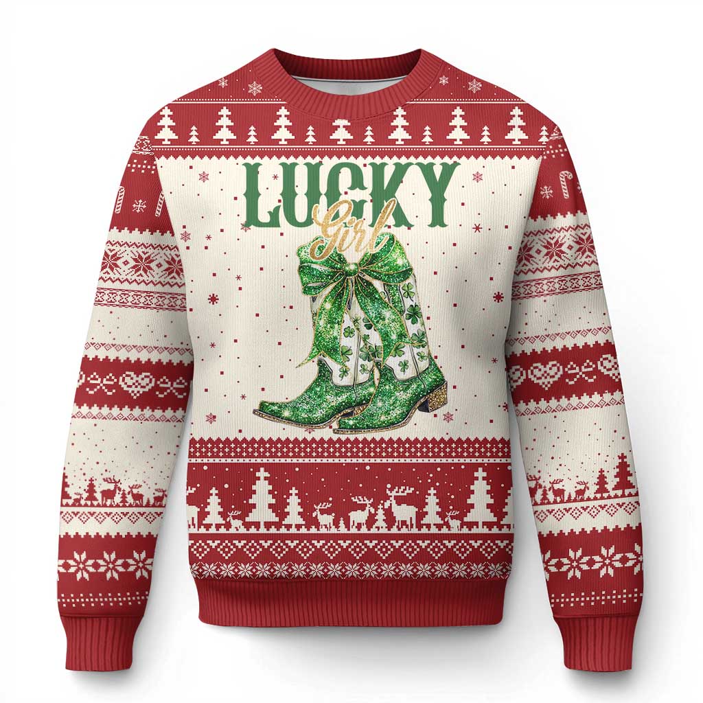 Lucky Cowgirl Ugly Christmas Sweater Western Irish Cowboy St Patrick Day TS14 Beige Red Print Your Wear