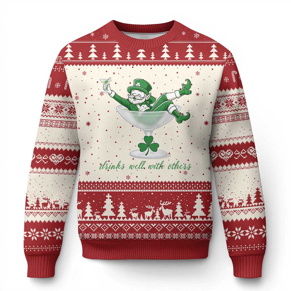 Drink Well With Others Ugly Christmas Sweater Funny Leprechaun Drinking Green Beer Shamrock TS14 Beige Red Print Your Wear