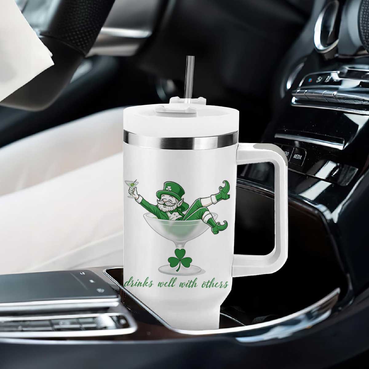 Drink Well With Others Tumbler With Handle Funny Leprechaun Drinking Green Beer Shamrock TS14 Print Your Wear