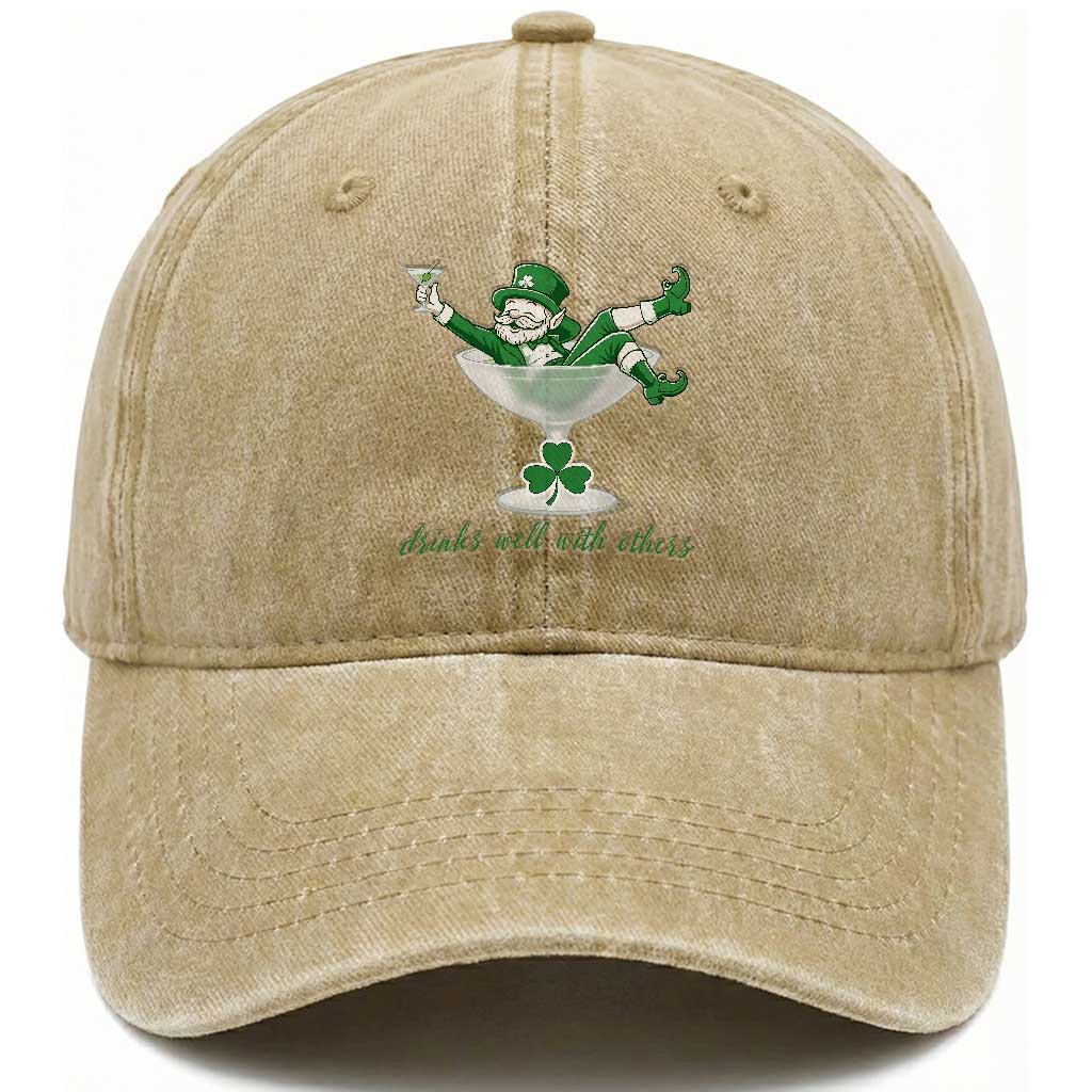 Drink Well With Others Washed Cotton Baseball Cap Funny Leprechaun Drinking Green Beer Shamrock TS14 Washed Cap Universal Fit Khaki Print Your Wear