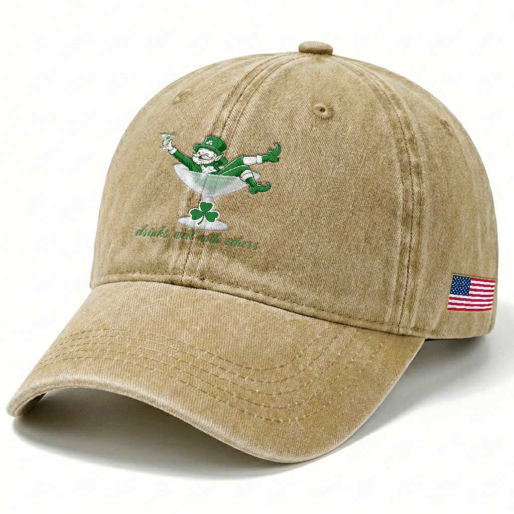 Drink Well With Others Washed Cotton Baseball Cap Funny Leprechaun Drinking Green Beer Shamrock TS14 Print Your Wear