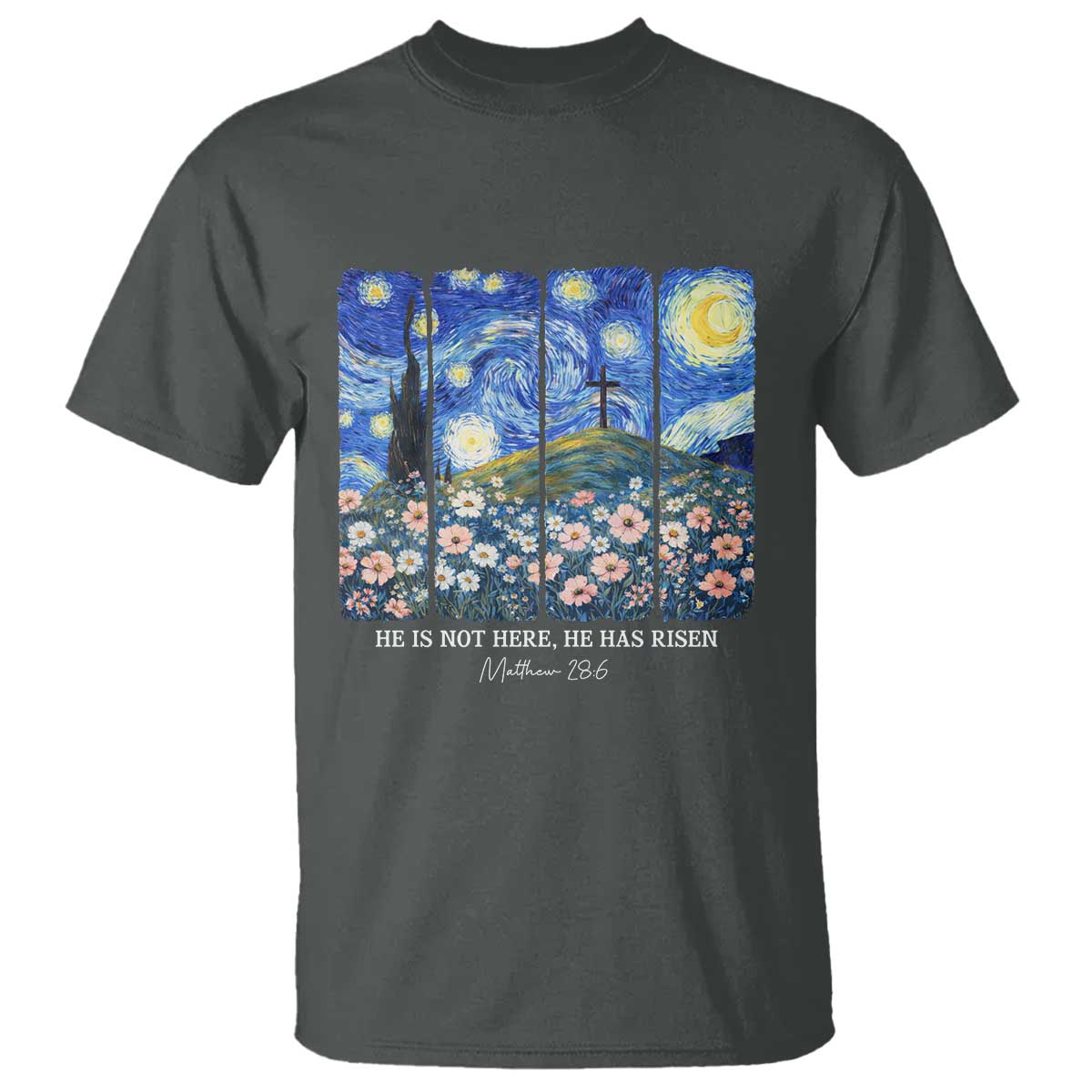 He is Risen T Shirt Christian Easter Starry Night Van Gogh TS14 Dark Heather Print Your Wear
