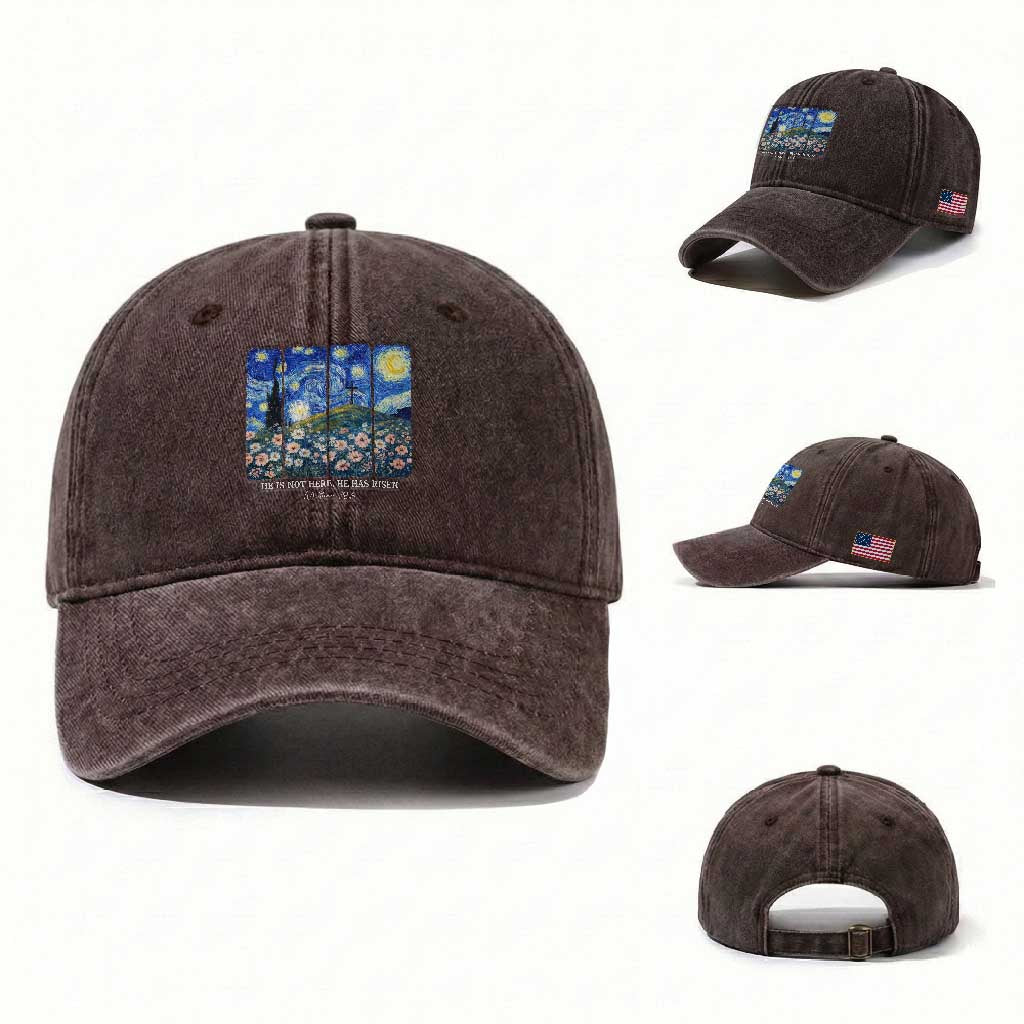 He is Risen Washed Cotton Baseball Cap Christian Easter Starry Night Van Gogh TS14 Washed Cap Universal Fit Dark Brown Print Your Wear