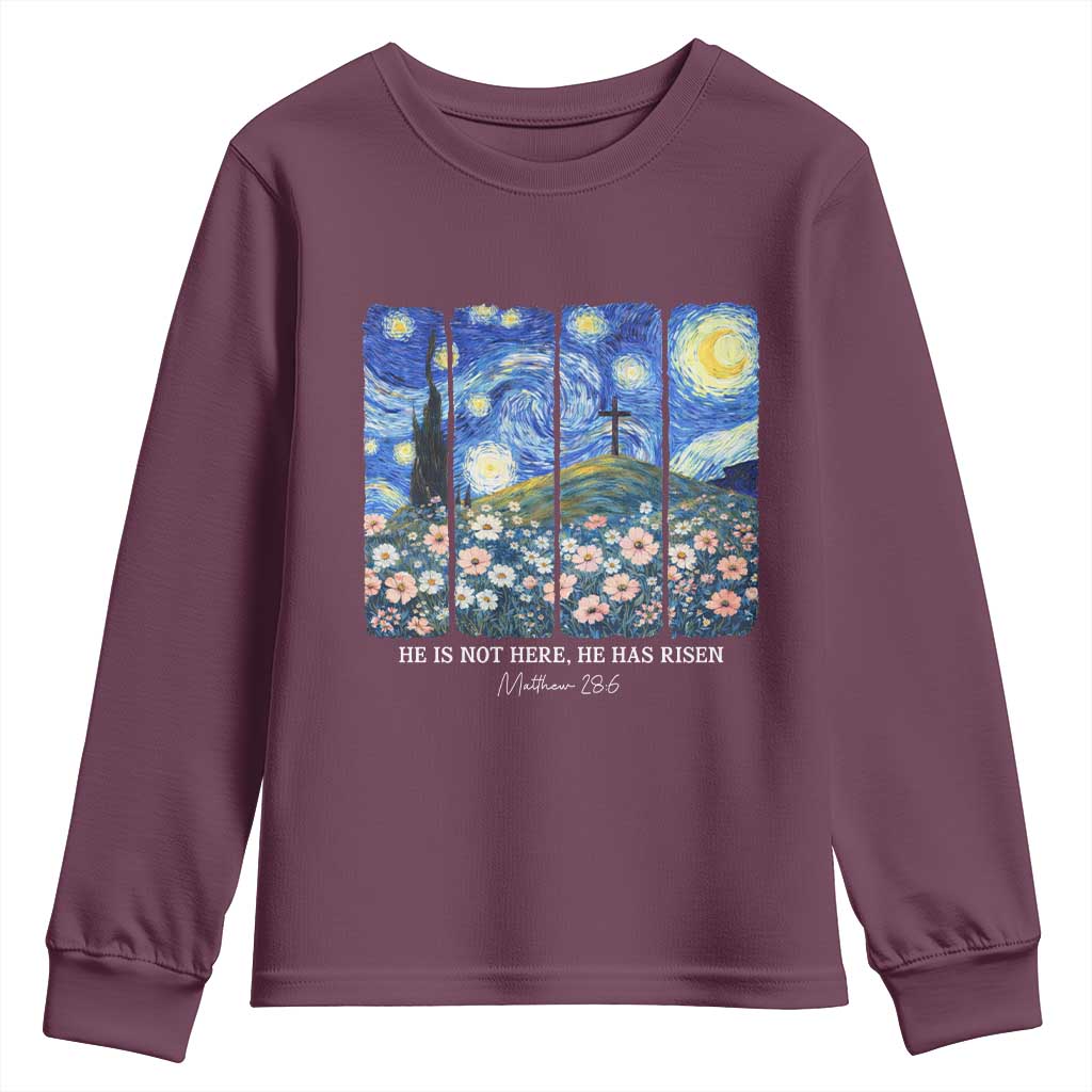 He is Risen Youth Sweatshirt Christian Easter Starry Night Van Gogh TS14 Maroon Print Your Wear