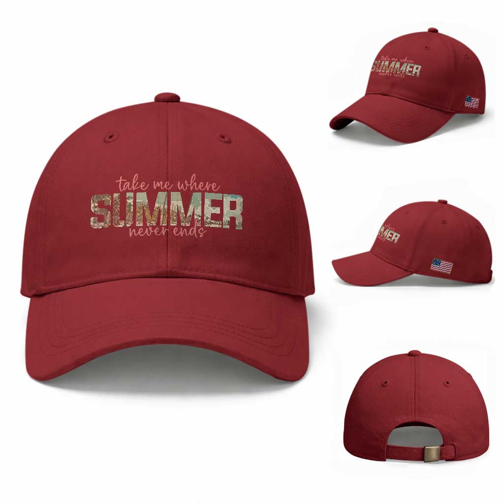 Take Me Where Summer Never Ends Baseball Cap Summer Beach Vacation TS14 Baseball Cap Universal Fit Cherry Red Print Your Wear
