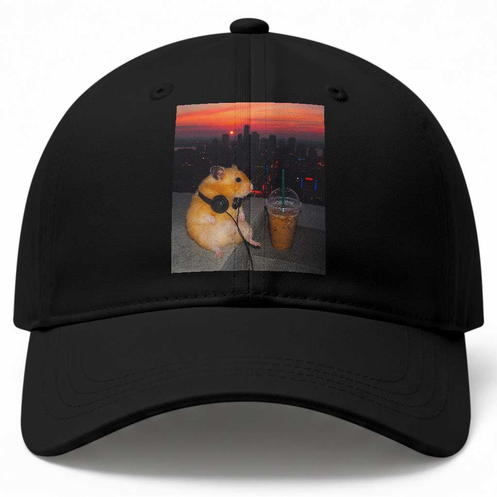 Hamster Drinking Iced Coffee Baseball Cap Funny Animal Chill City Sunset Headphones TS14 Print Your Wear
