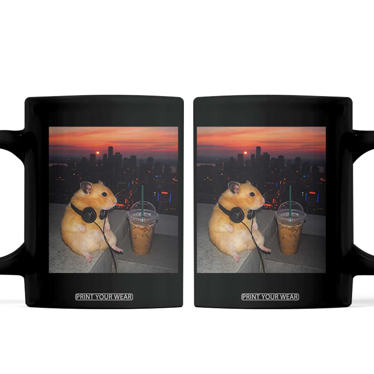Hamster Drinking Iced Coffee Coffee Mug Funny Animal Chill City Sunset Headphones TS14 Black Print Your Wear