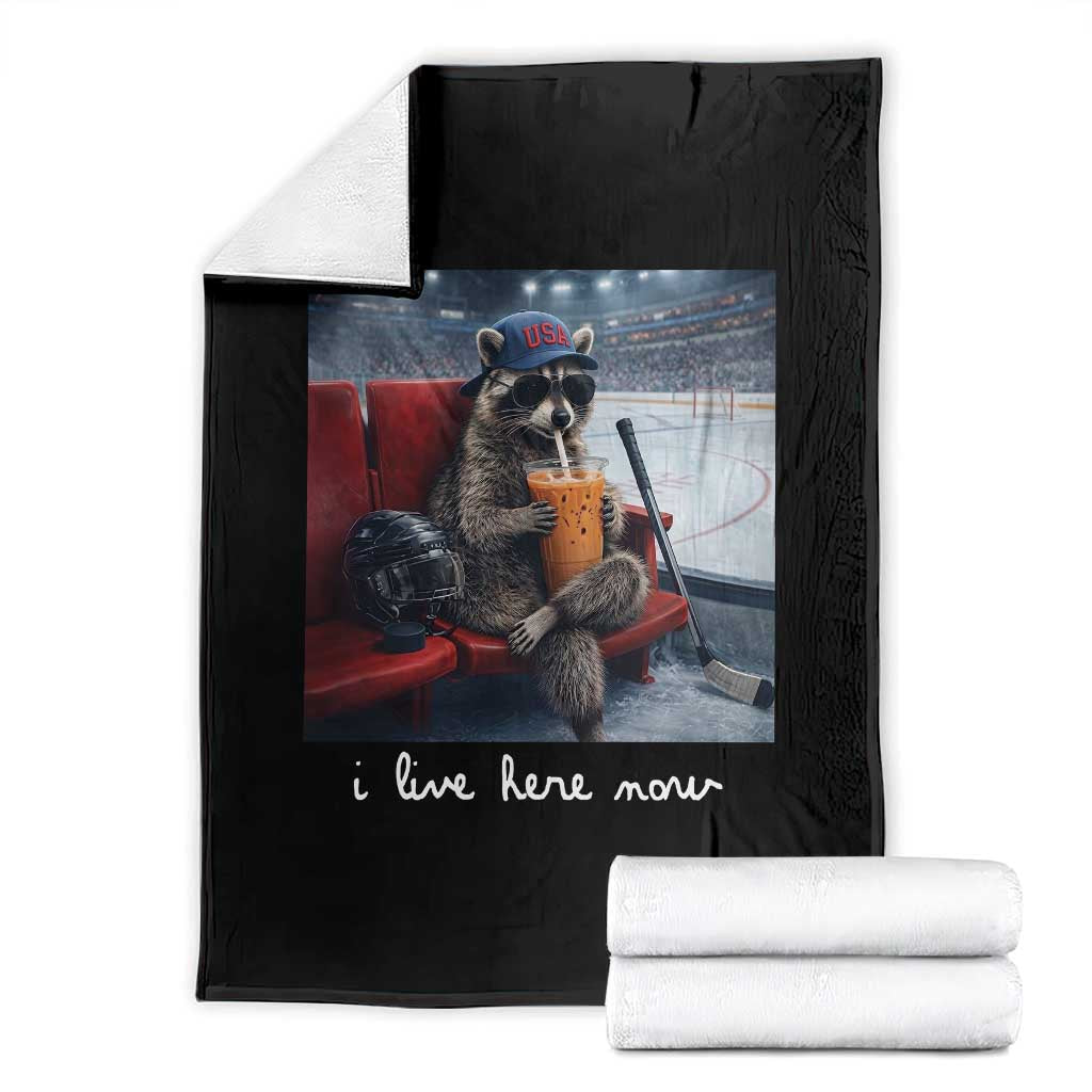 Hockey Mom Raccoon Iced Coffee Throw Blanket I Live Here Now TS14 Black Print Your Wear