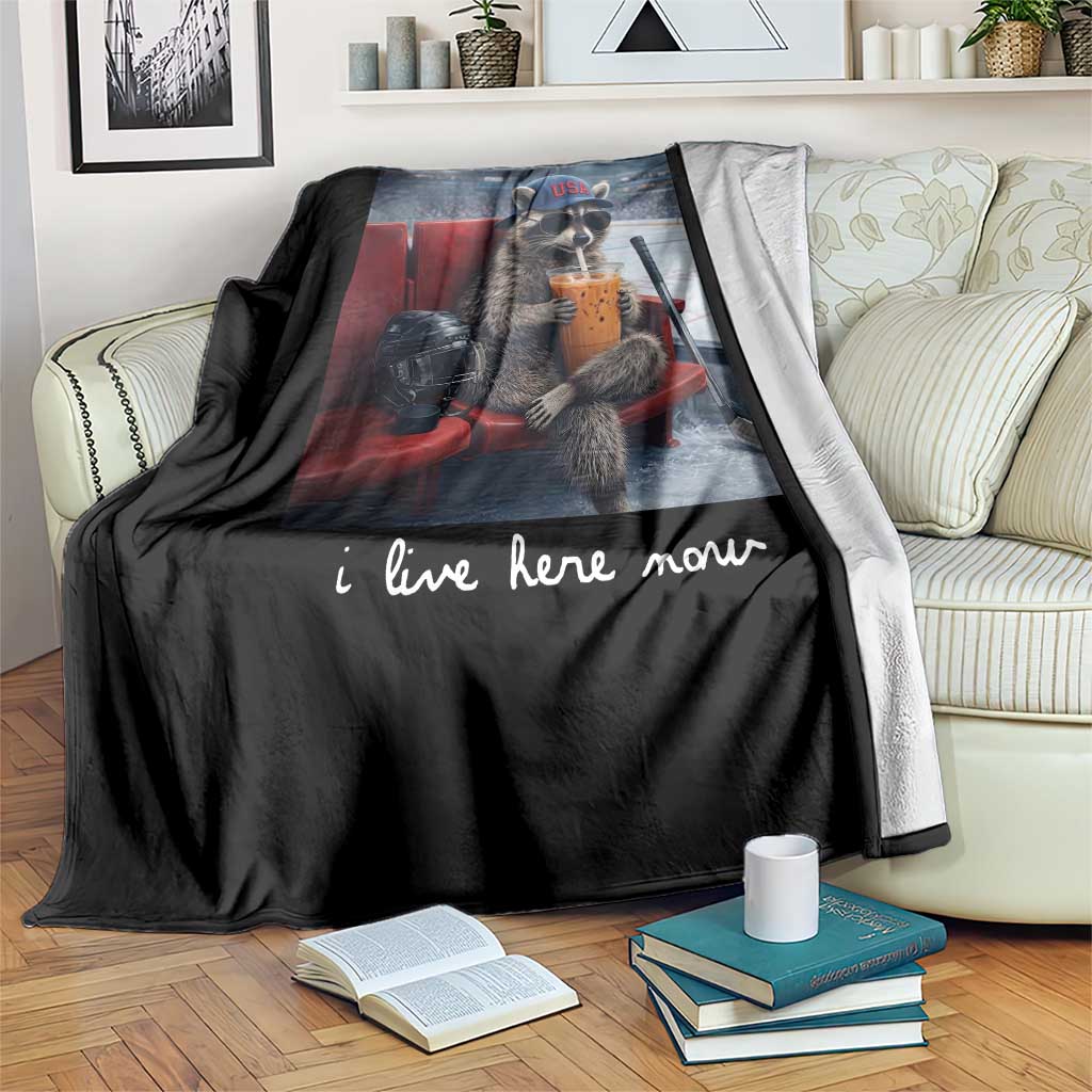 Hockey Mom Raccoon Iced Coffee Throw Blanket I Live Here Now TS14 Print Your Wear