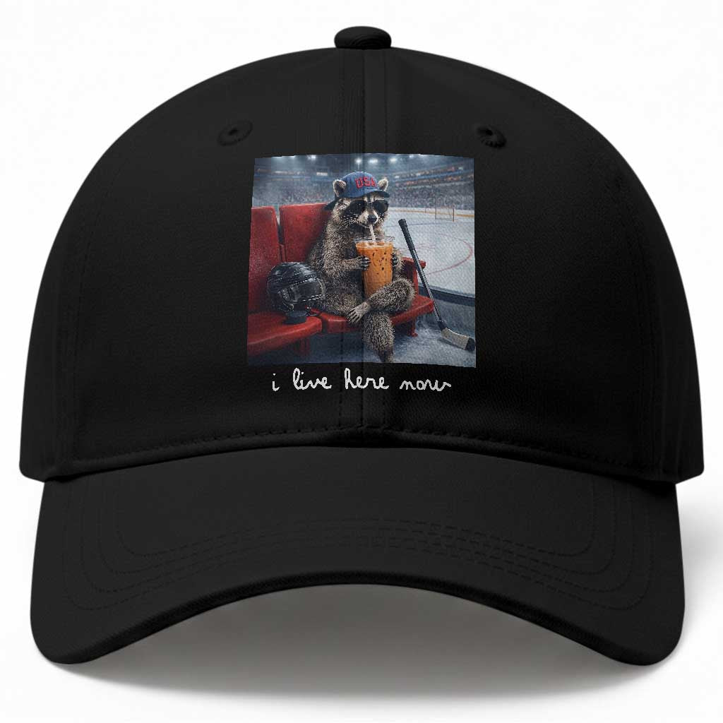 Hockey Mom Raccoon Iced Coffee Baseball Cap I Live Here Now TS14 Print Your Wear