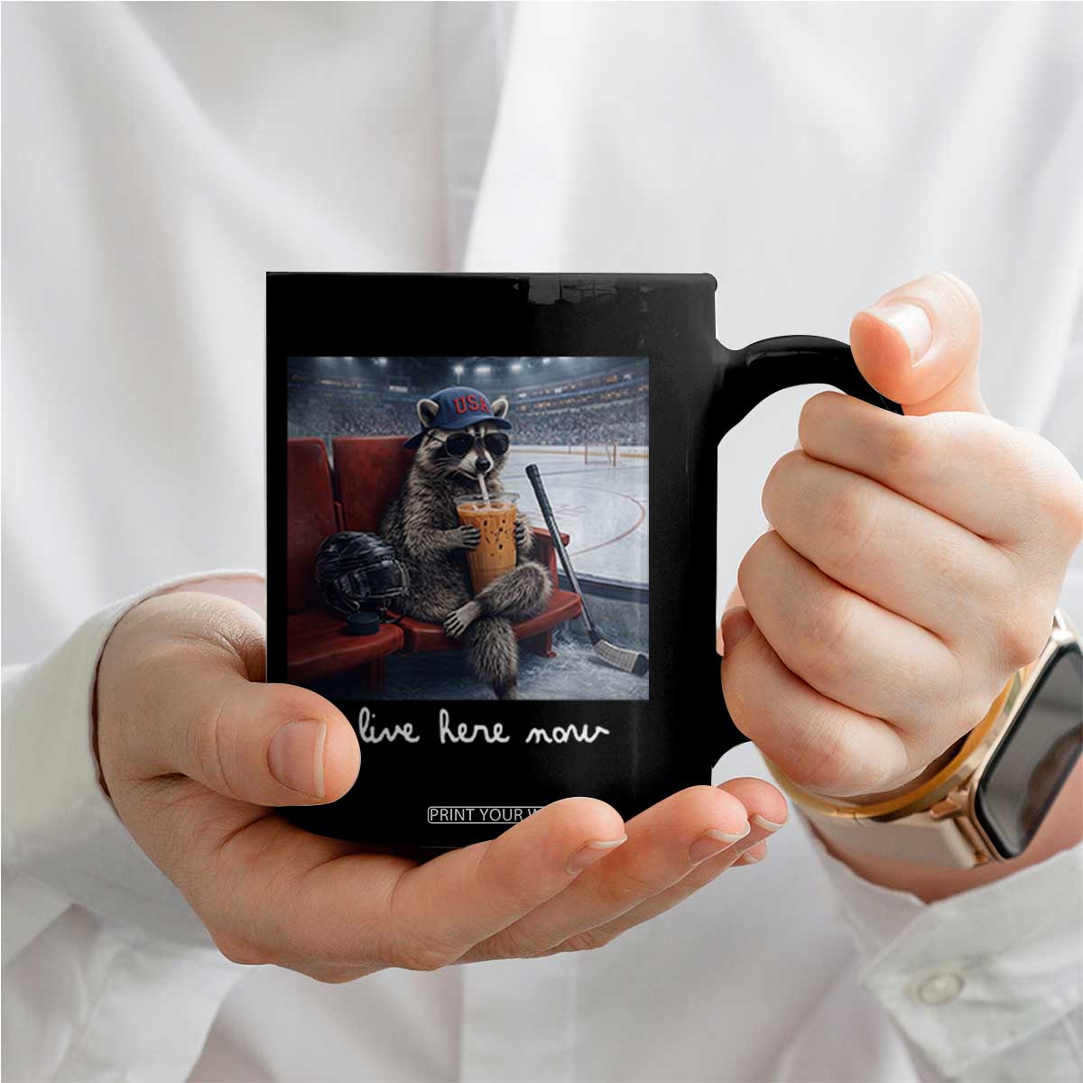 Hockey Mom Raccoon Iced Coffee Coffee Mug I Live Here Now TS14 Print Your Wear
