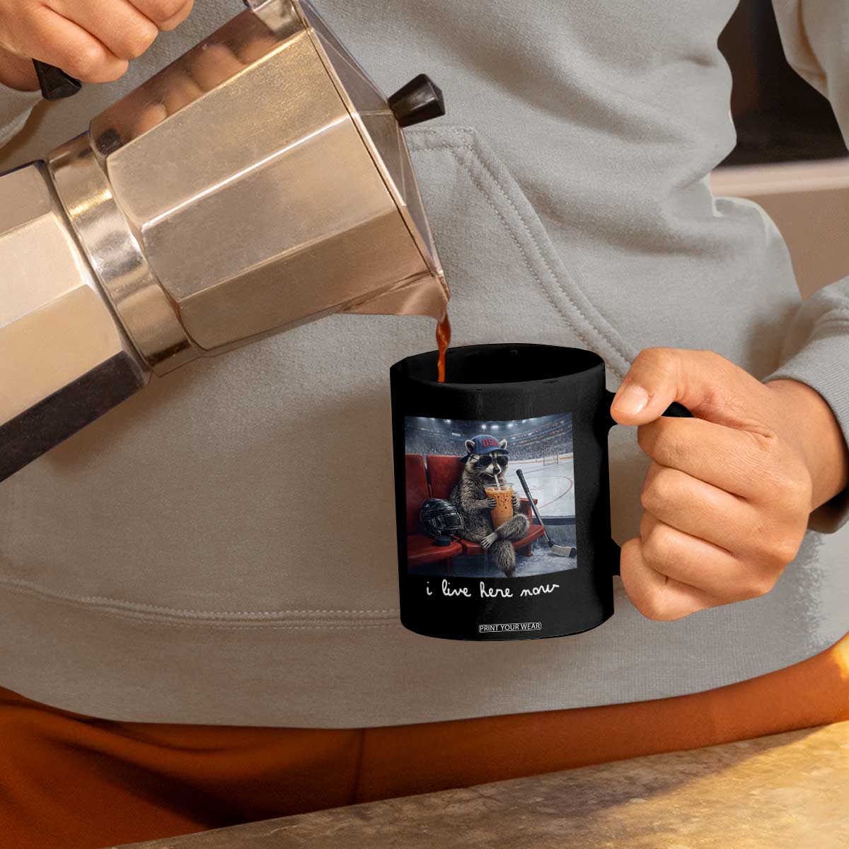 Hockey Mom Raccoon Iced Coffee Coffee Mug I Live Here Now TS14 Print Your Wear