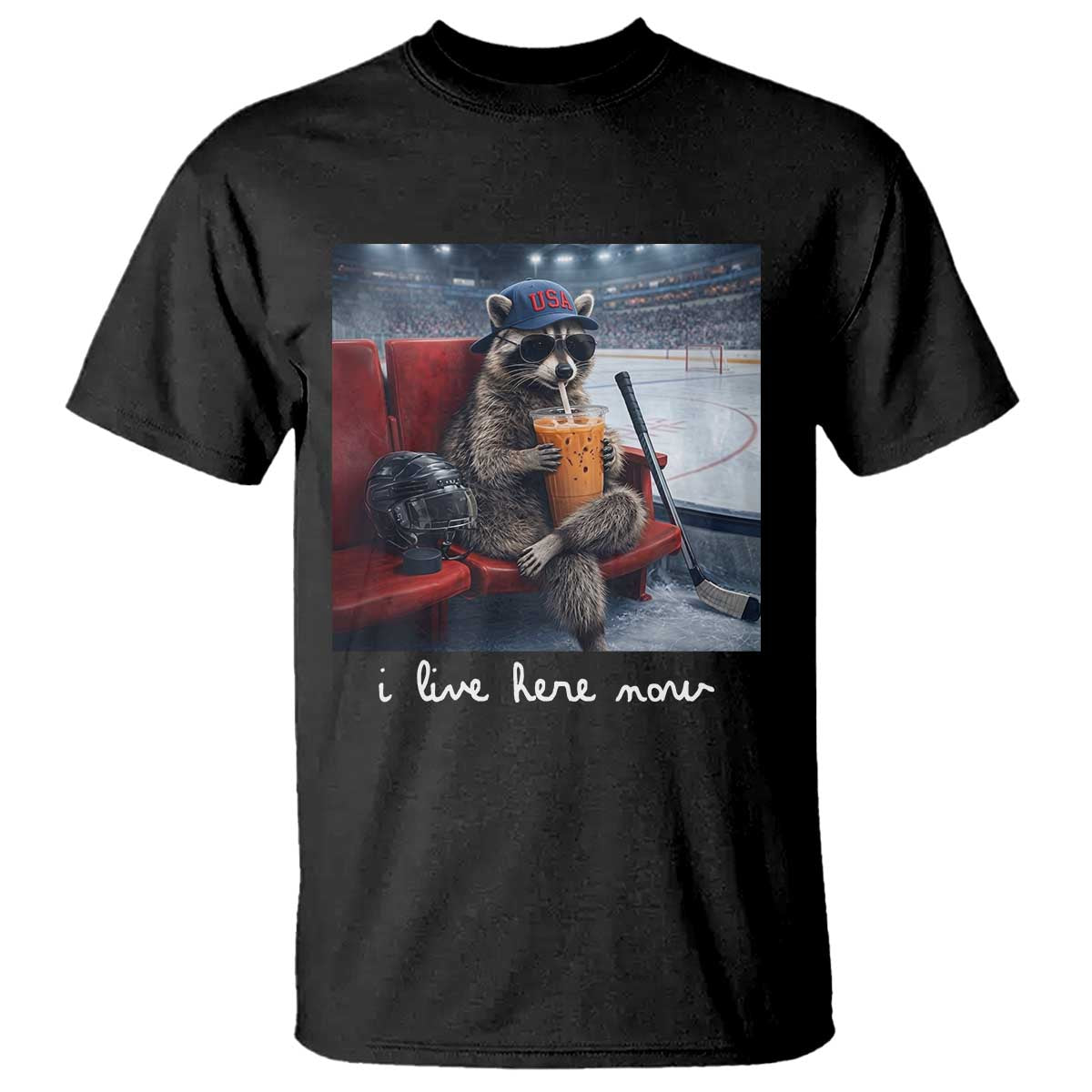 Hockey Mom Raccoon Iced Coffee T Shirt I Live Here Now TS14 Black Print Your Wear