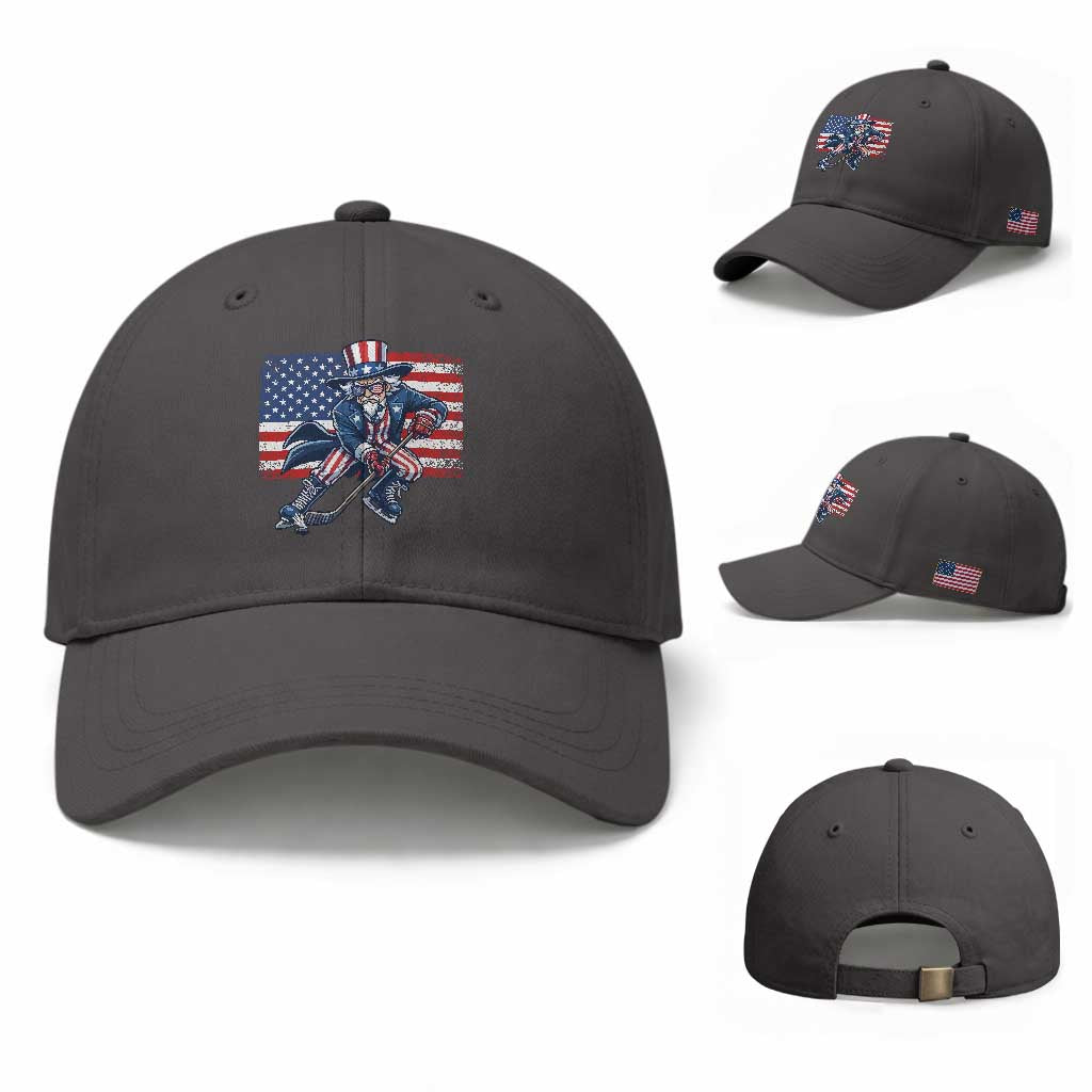 Uncle Sam Hockey Player 4th of July American Flag Baseball Cap TS14 Baseball Cap Universal Fit Dark Gray Print Your Wear