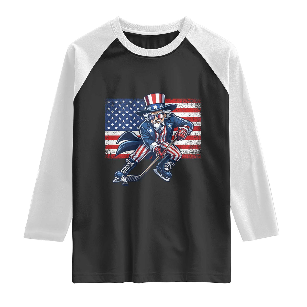 Uncle Sam Hockey Player 4th of July American Flag Raglan Shirt TS14 Black White Print Your Wear