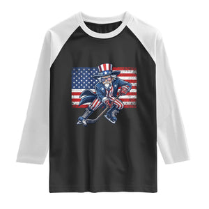 Uncle Sam Hockey Player 4th of July American Flag Raglan Shirt TS14 Black White Print Your Wear