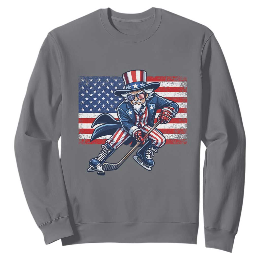 Uncle Sam Hockey Player 4th of July American Flag Sweatshirt TS14 Charcoal Print Your Wear