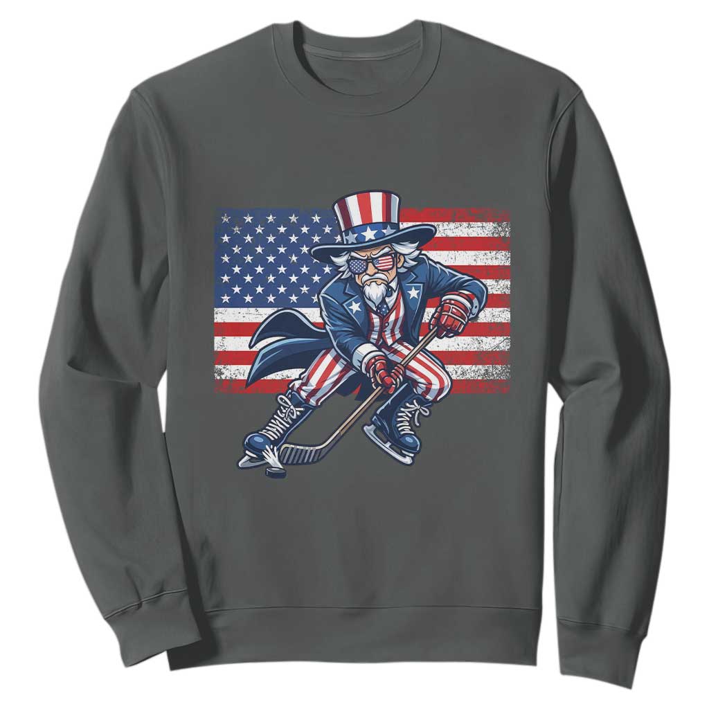 Uncle Sam Hockey Player 4th of July American Flag Sweatshirt TS14 Dark Heather Print Your Wear