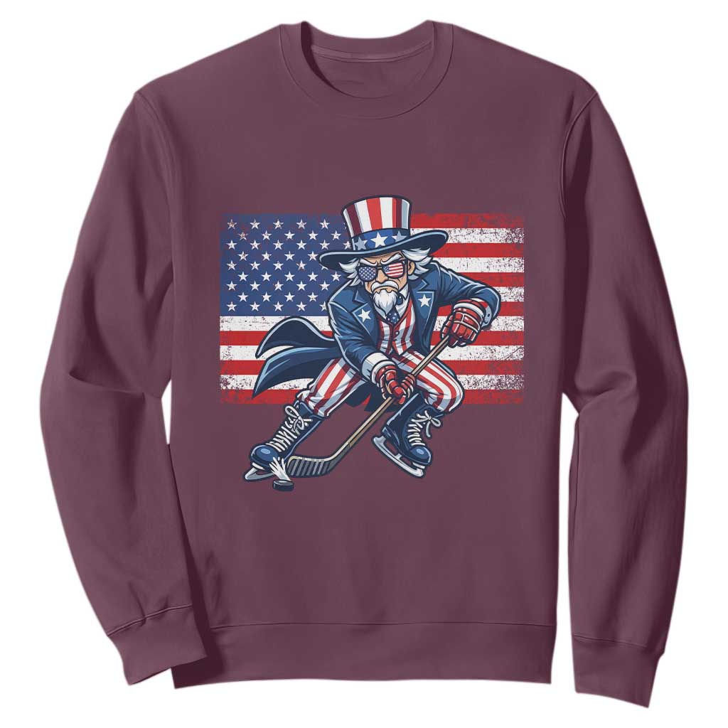 Uncle Sam Hockey Player 4th of July American Flag Sweatshirt TS14 Maroon Print Your Wear