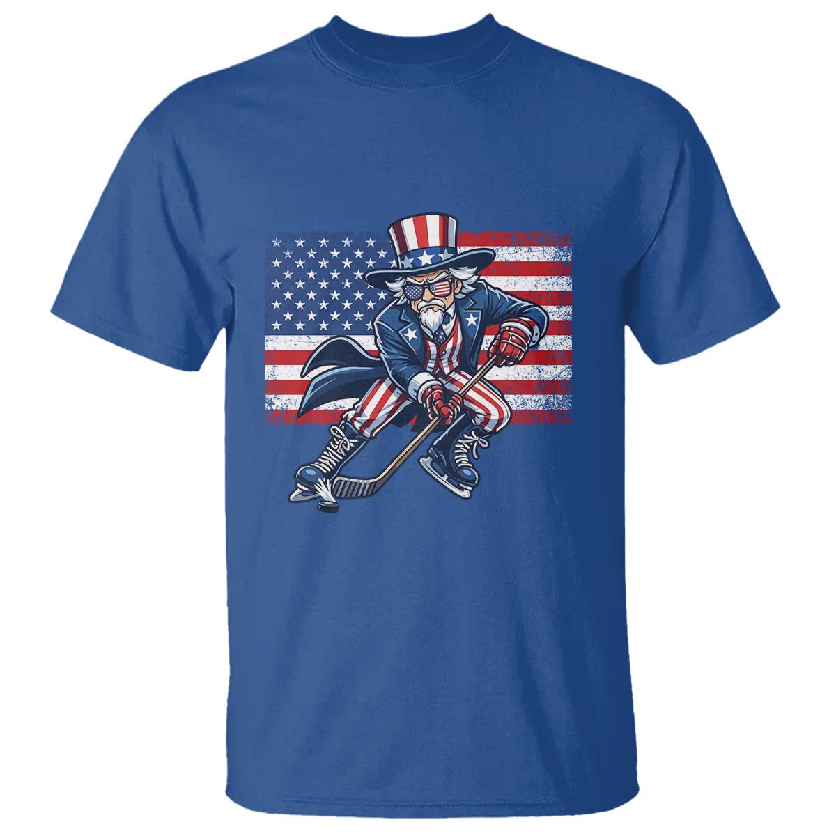 Uncle Sam Hockey Player 4th of July American Flag T Shirt TS14 Royal Blue Print Your Wear