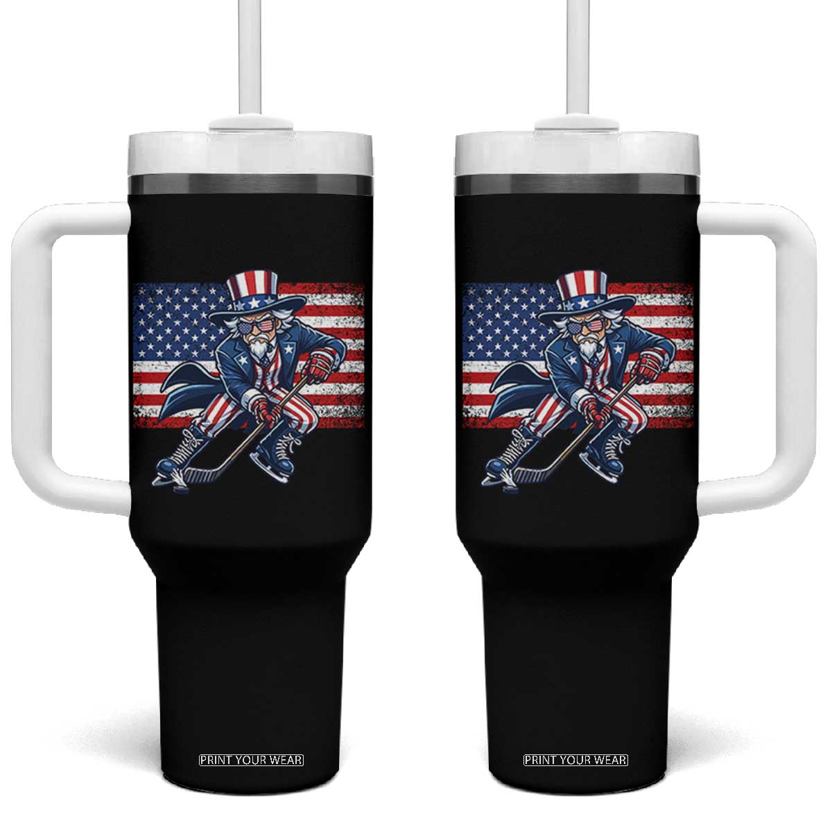 Uncle Sam Hockey Player 4th of July American Flag Tumbler With Handle TS14 One Size: 40 oz Black Print Your Wear