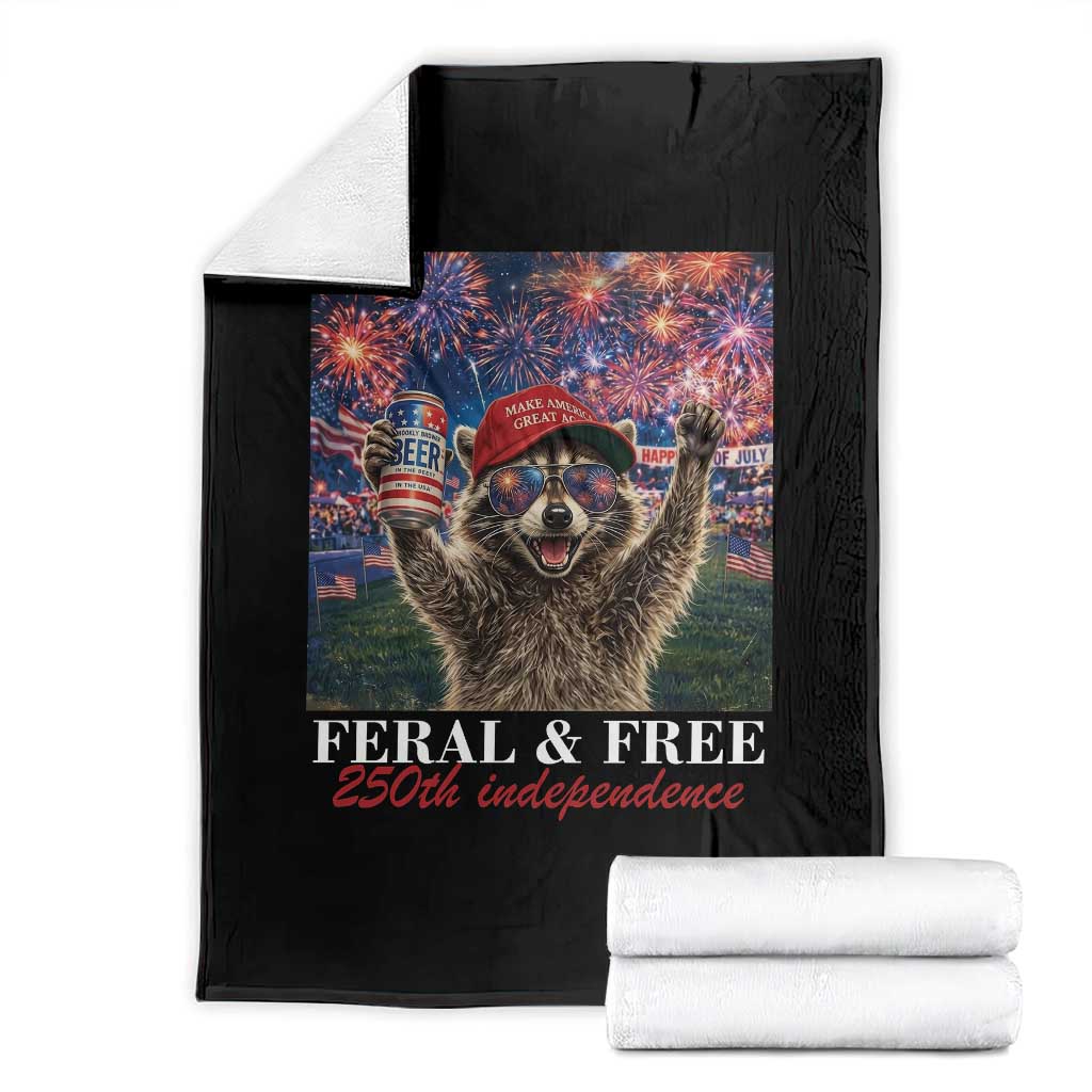 USA 250 Years Freedom Throw Blanket Feral and Free Funny Raccoon Driking Beer 4th of July TS14 Black Print Your Wear