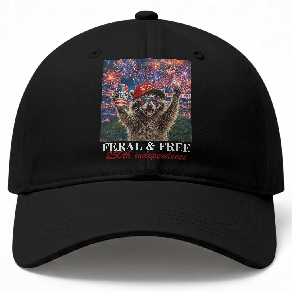 USA 250 Years Freedom Baseball Cap Feral and Free Funny Raccoon Driking Beer 4th of July TS14 Print Your Wear