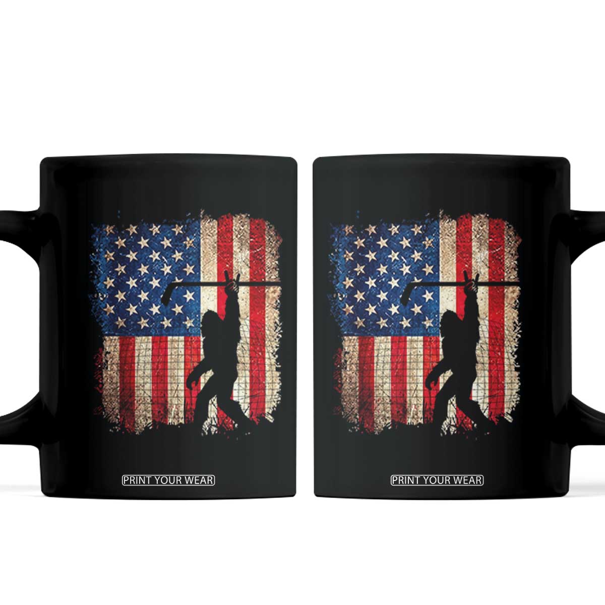 Patriotic Bigfoot Hockey American Flag 4th of July Coffee Mug Patriotic Funny Sasquatch Rock On Ice Hockey Player Sticks TS14 Black Print Your Wear